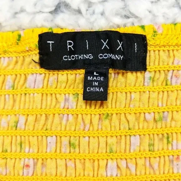Trixxi Fit & Flare Floral Smocked Mini Midi Capped Sleeves Yellow Women's Large - Picture 2 of 9